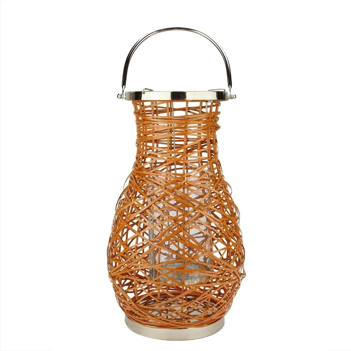 16 25" Modern Orange Decorative Wicker Lantern with Candle on Iron Pillar with Glass Hurricane