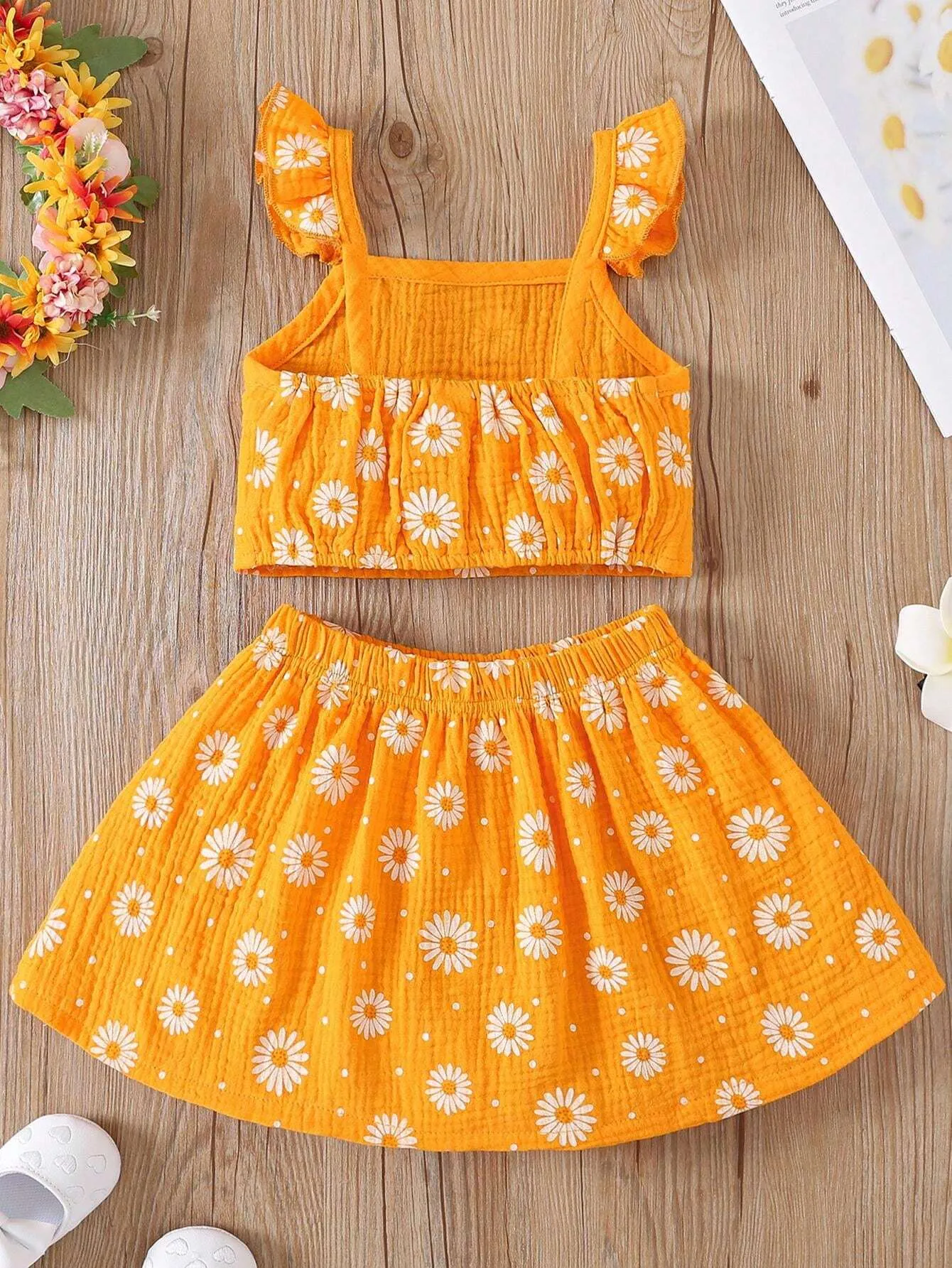 2pcs Summer Cap Sleeve Top & Daisy Allover Print Skirt Fresh Outfit Set For Girls, 3-8 Years Casual Clothing