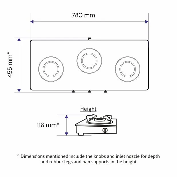 3 Burner Glass Gas Stove with High Flame Forged Brass Burner Double Drip Tray Black (1038GTFBDDBL) - Manual/Auto Ignition