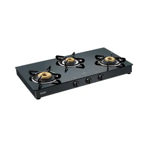 3 Burner Glass Gas Stove with High Flame Forged Brass Burner Double Drip Tray Black (1038GTFBDDBL) - Manual/Auto Ignition