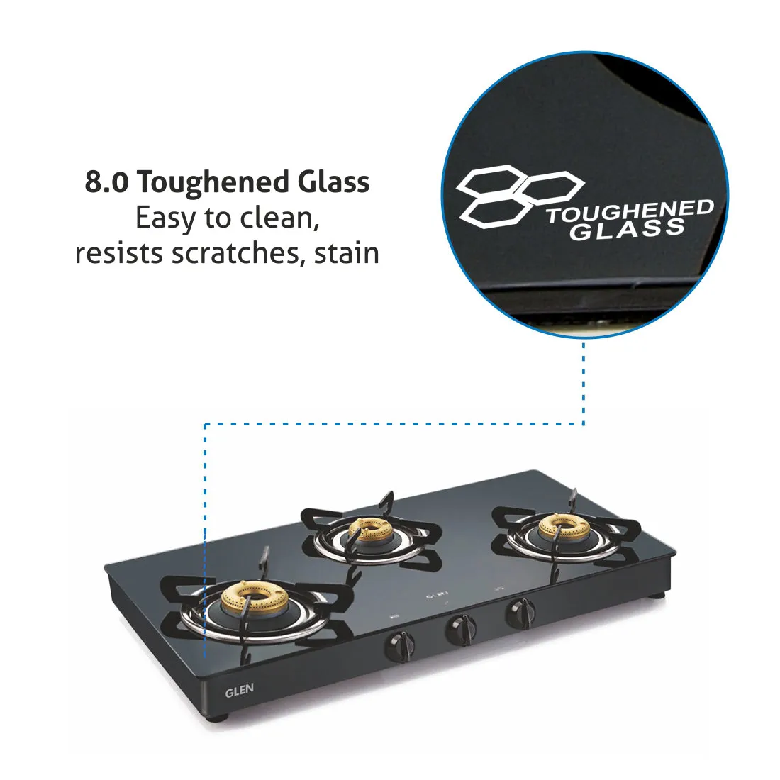 3 Burner Glass Gas Stove with High Flame Forged Brass Burner Double Drip Tray Black (1038GTFBDDBL) - Manual/Auto Ignition