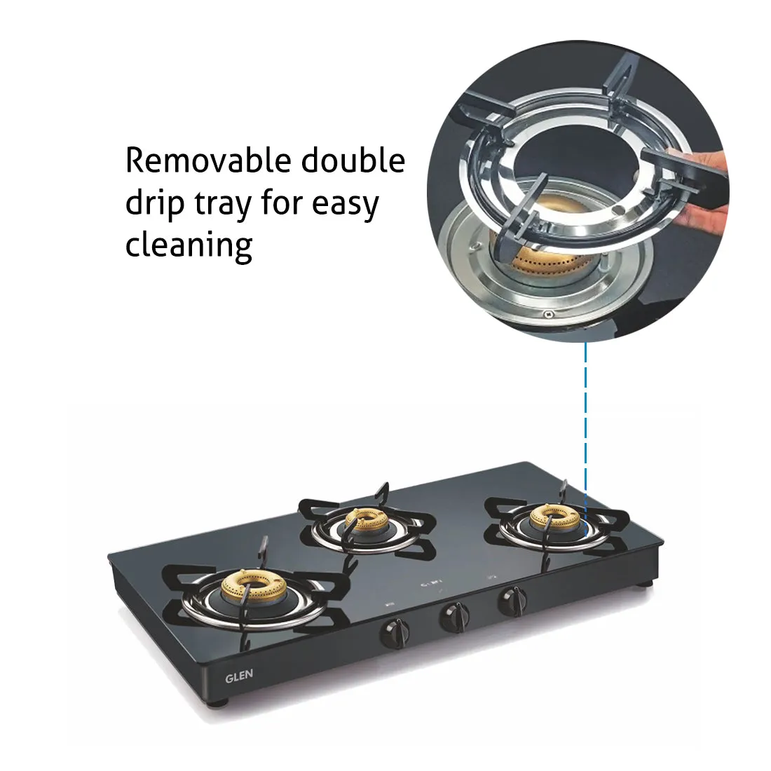 3 Burner Glass Gas Stove with High Flame Forged Brass Burner Double Drip Tray Black (1038GTFBDDBL) - Manual/Auto Ignition