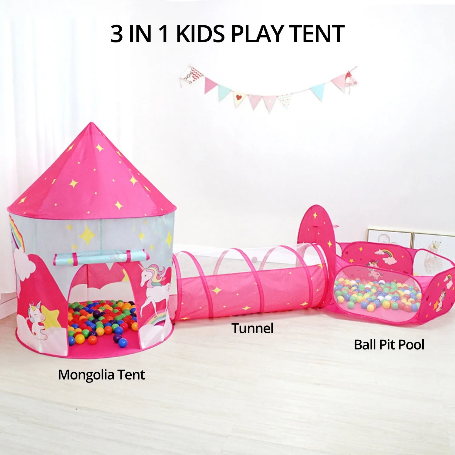 3-in-1 Kids Play Tent, Tunnel & Pool Set - Pink Unicorn