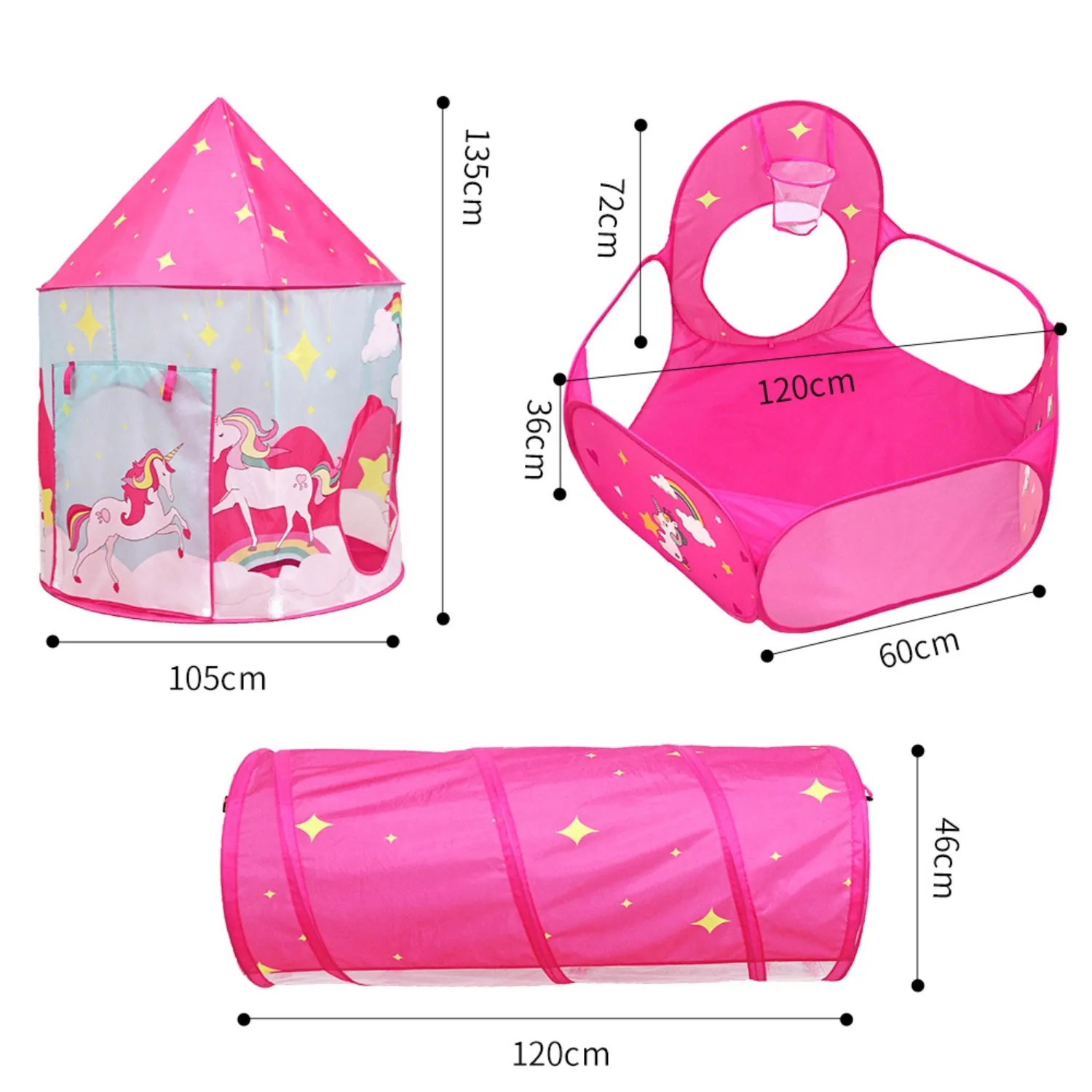 3-in-1 Kids Play Tent, Tunnel & Pool Set - Pink Unicorn