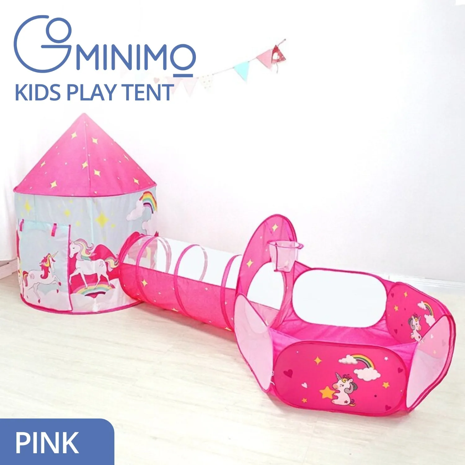 3-in-1 Kids Play Tent, Tunnel & Pool Set - Pink Unicorn