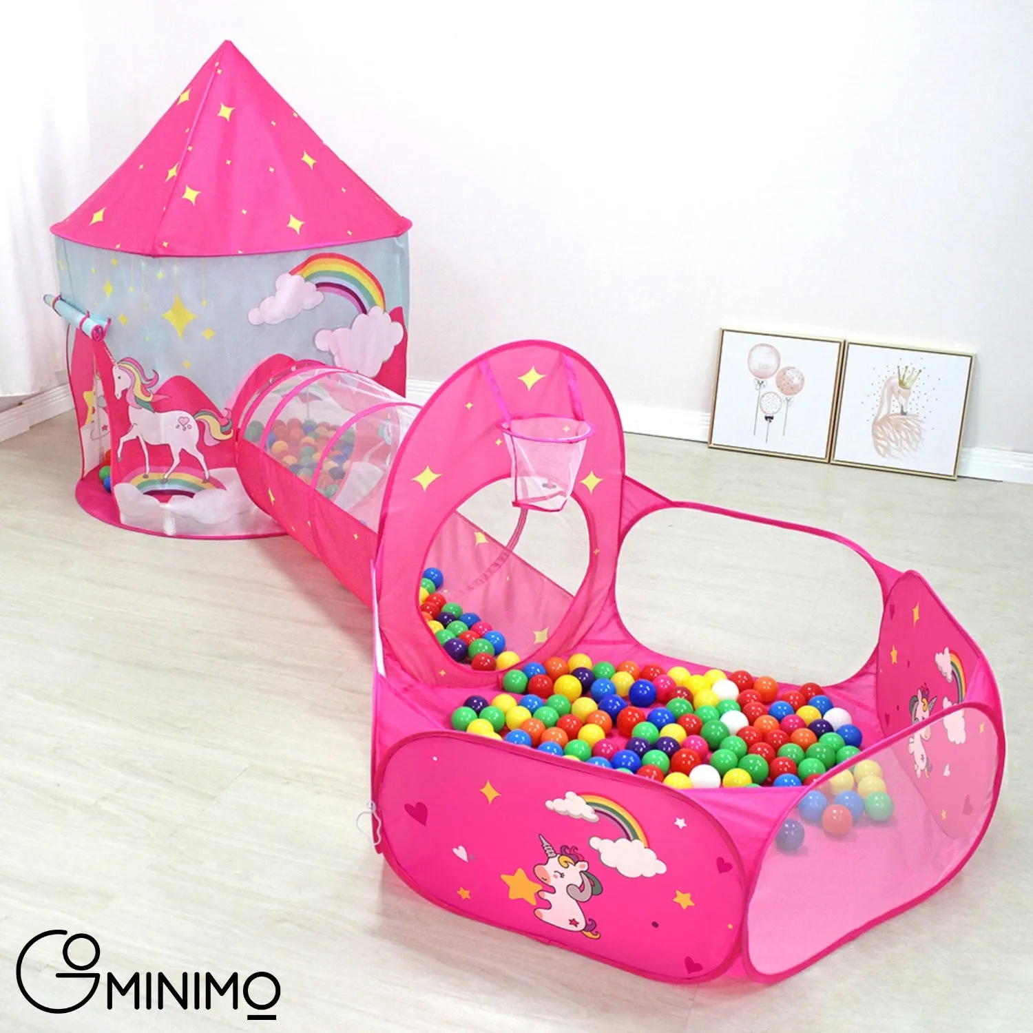 3-in-1 Kids Play Tent, Tunnel & Pool Set - Pink Unicorn