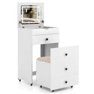 3-in-1 Space Saving Vanity Set with Cushioned Stool and Flip-up Mirror-White