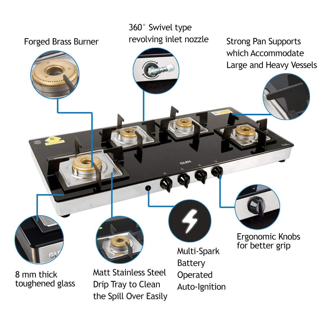 4 Burner Glass Gas Stove Extra Wide 1 High Flame 3 Forged Brass Burner Auto Ignition (1049 SQGT FB AI)