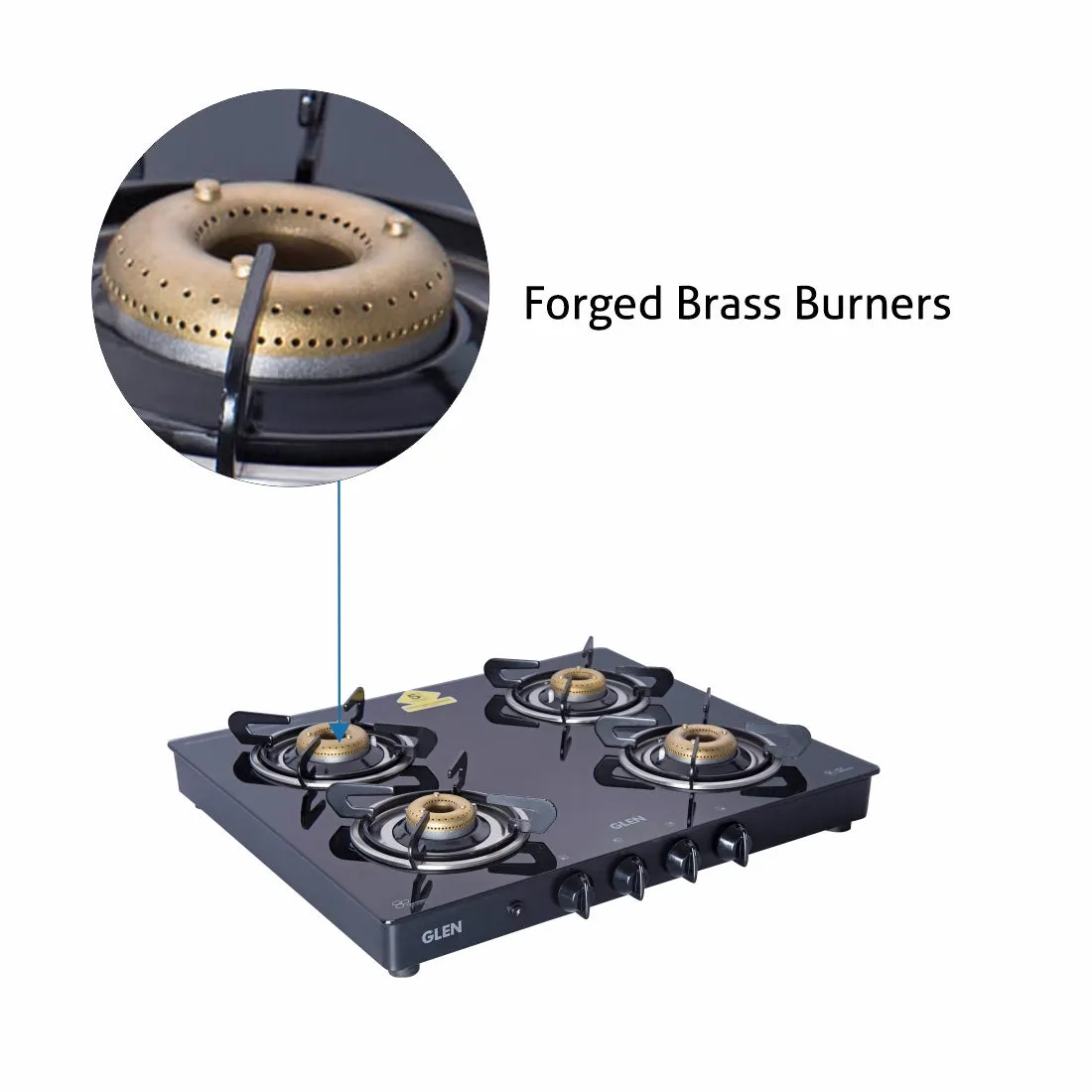 4 Burner Glass Gas Stove with Forged Brass Burner Auto Ignition 60 CM Black (1041 GT FB BL AI)