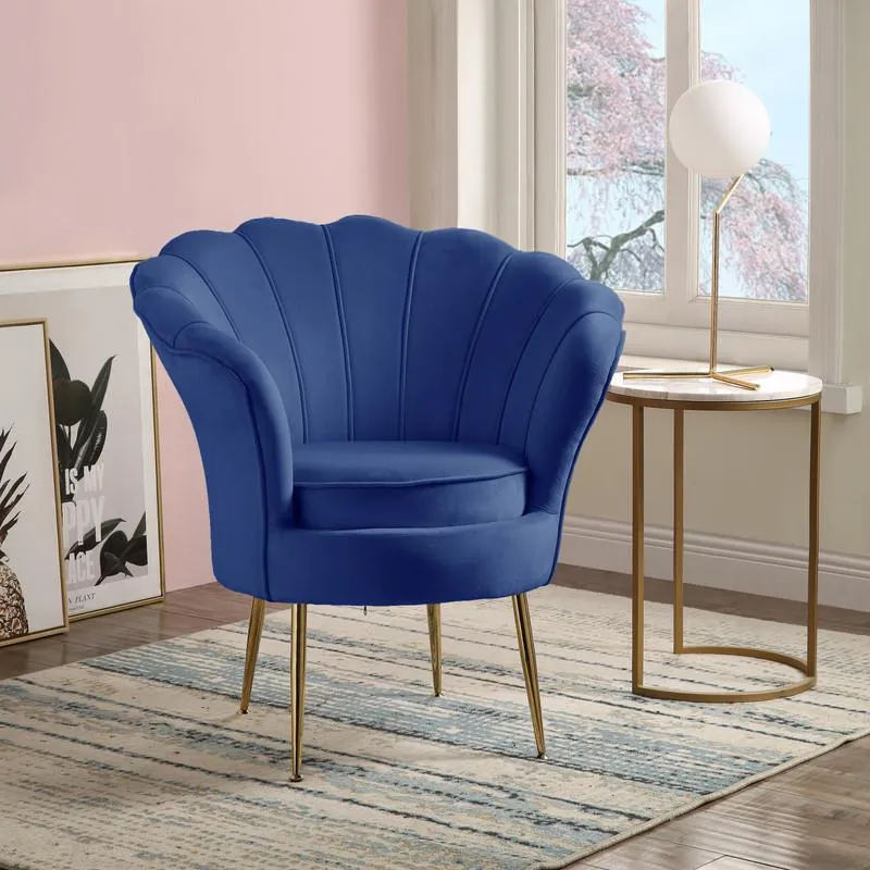 Angelina Blue Velvet Scalloped Back Barrel Accent Chair with Metal Legs