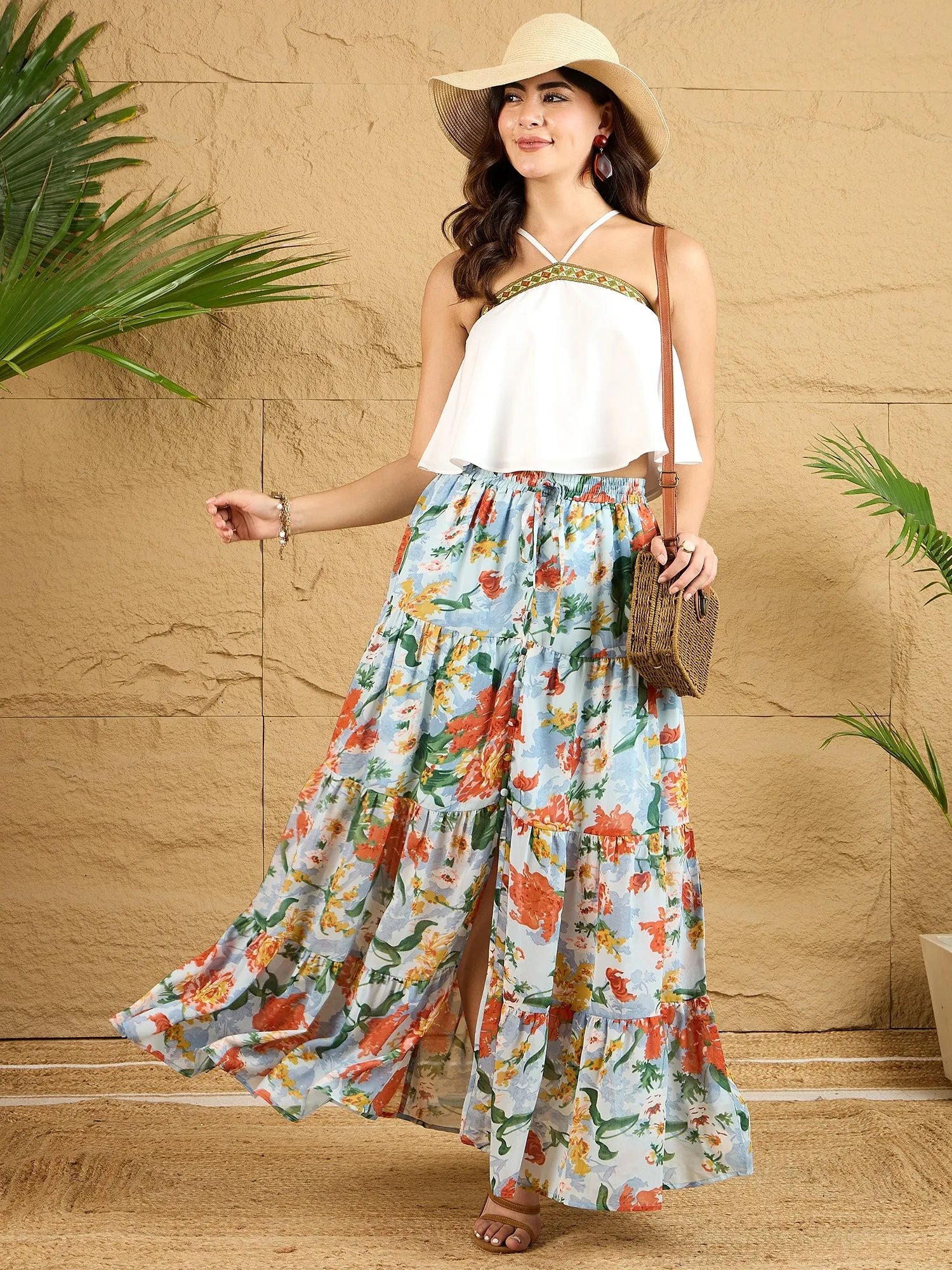 Berrylush Women Blue & Orange Floral Printed High-Rise Elastic Waist Front Thigh-High Slit Gathered A-Line Maxi Skirt