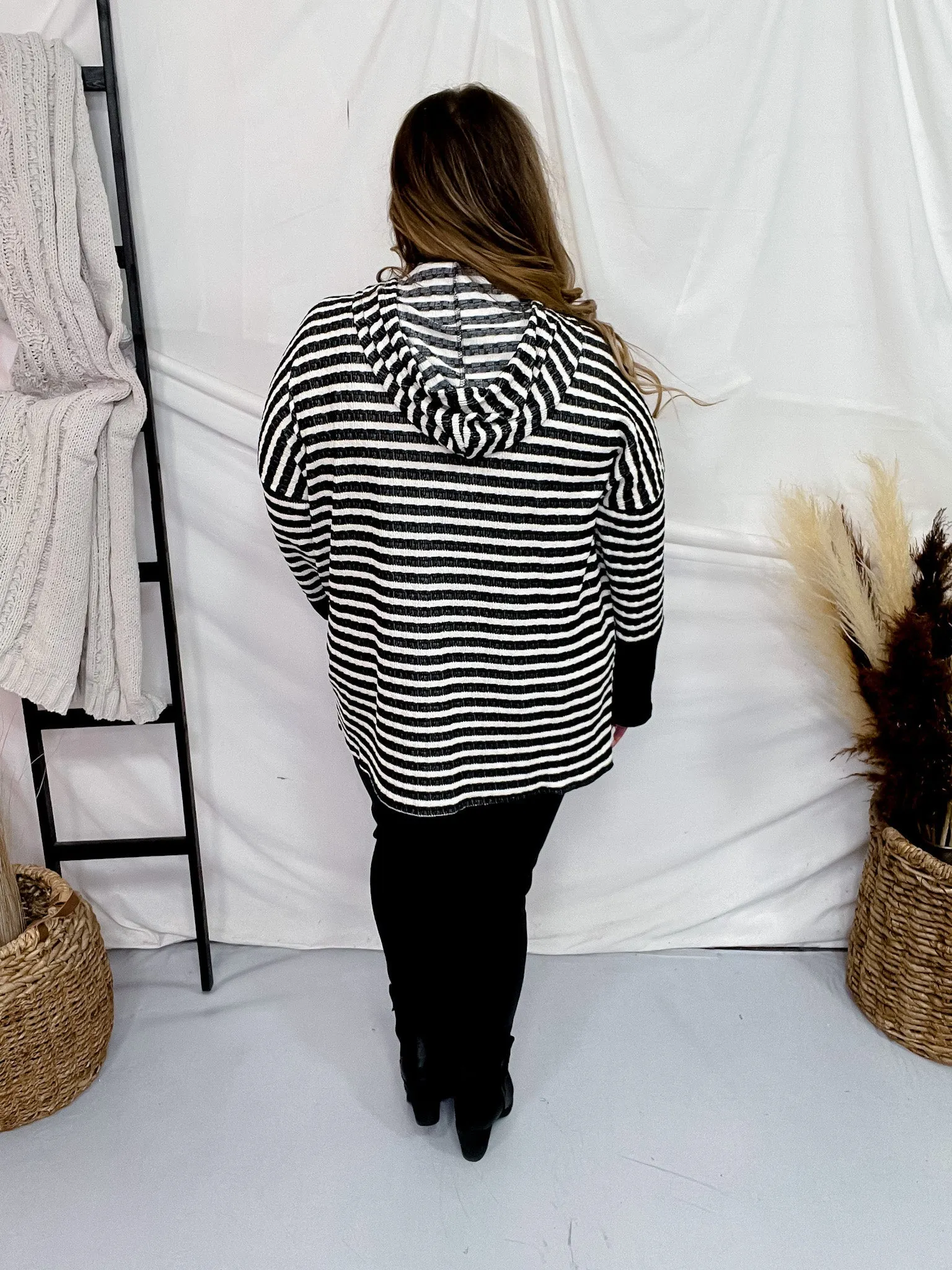 Black & White Striped Hooded Top