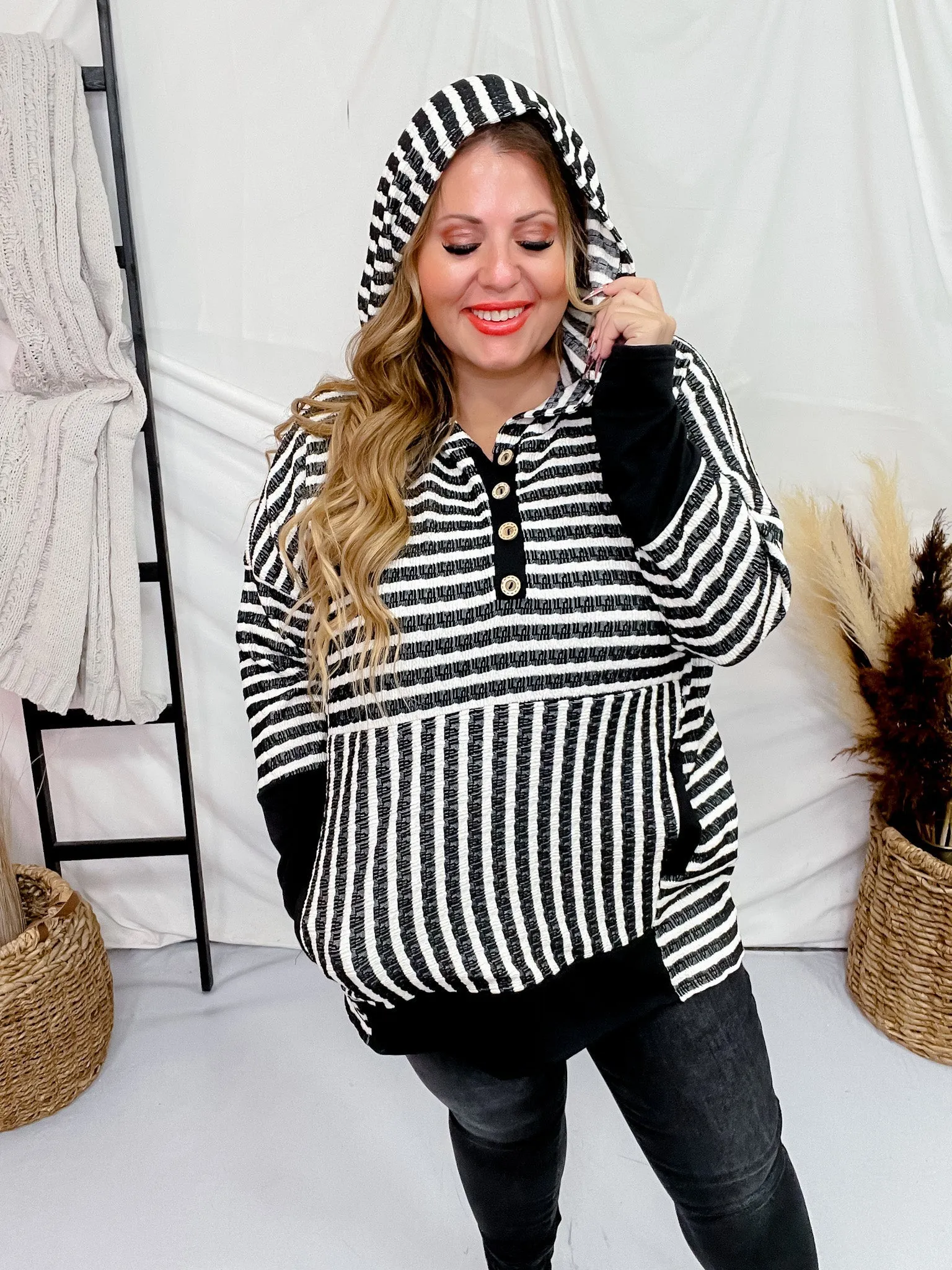 Black & White Striped Hooded Top