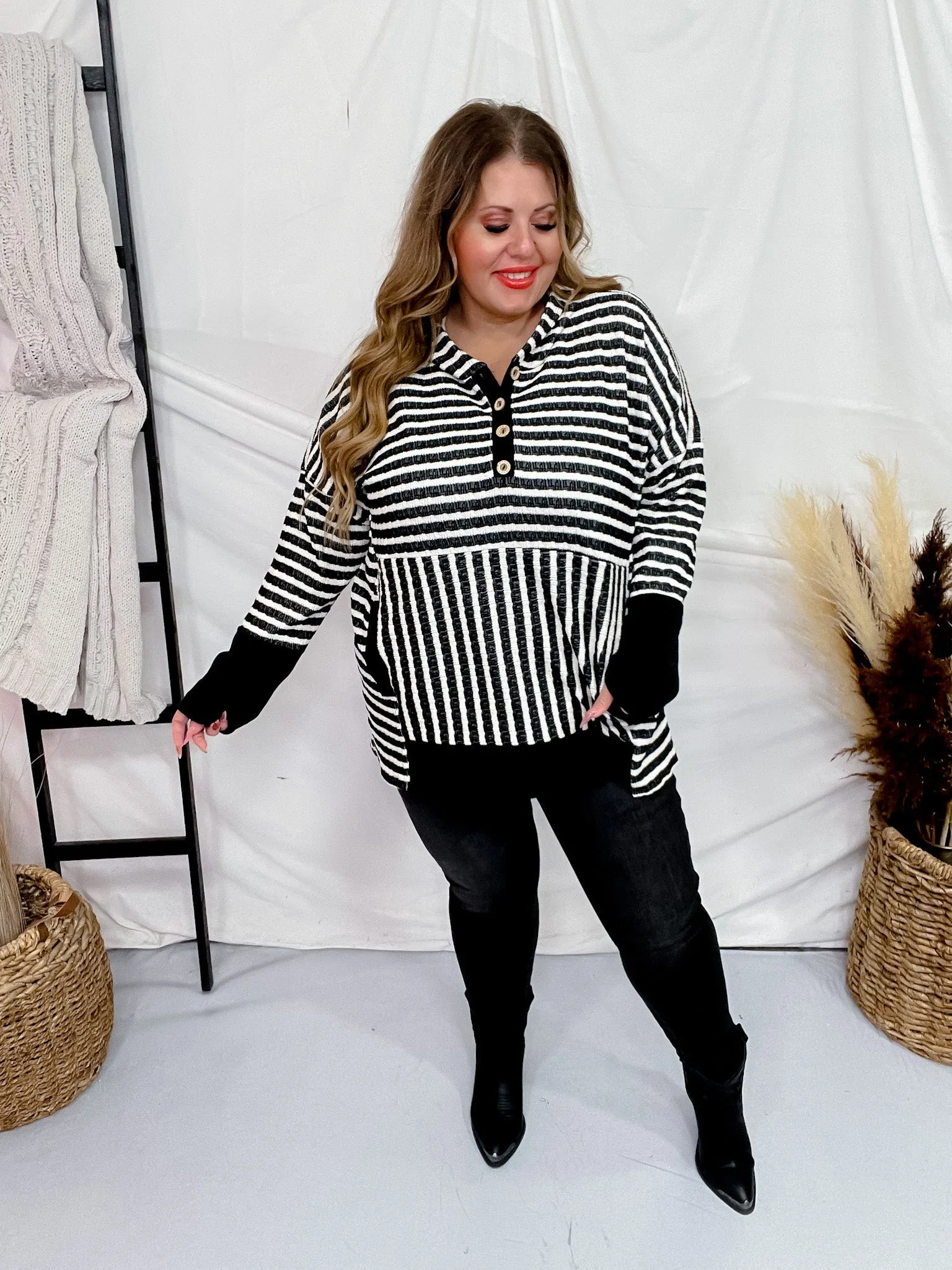 Black & White Striped Hooded Top