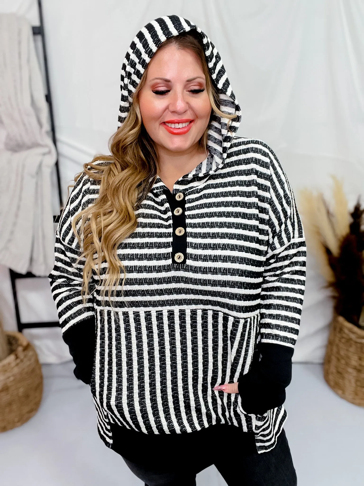 Black & White Striped Hooded Top