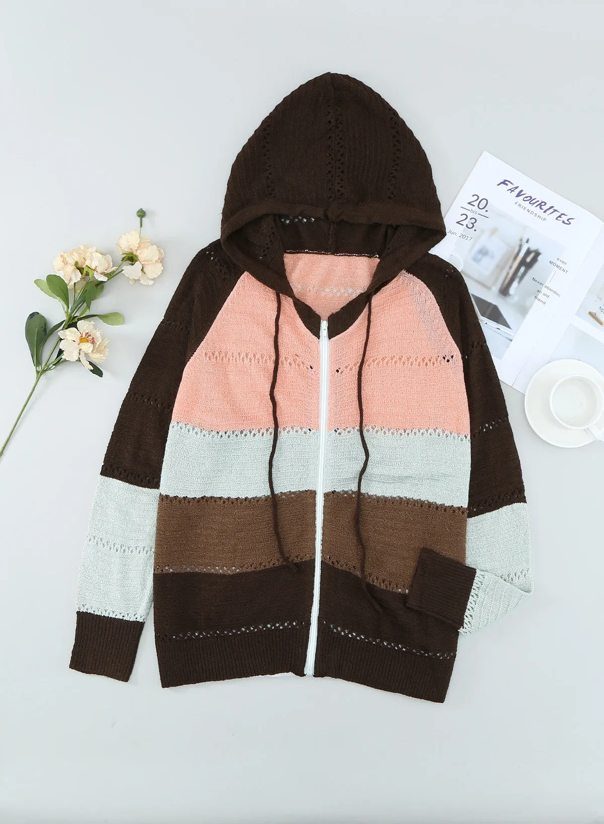 Brown Colorblock Knit Hoodie with Zipper Detail