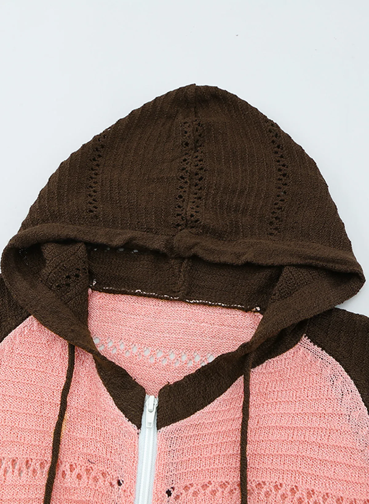 Brown Colorblock Knit Hoodie with Zipper Detail