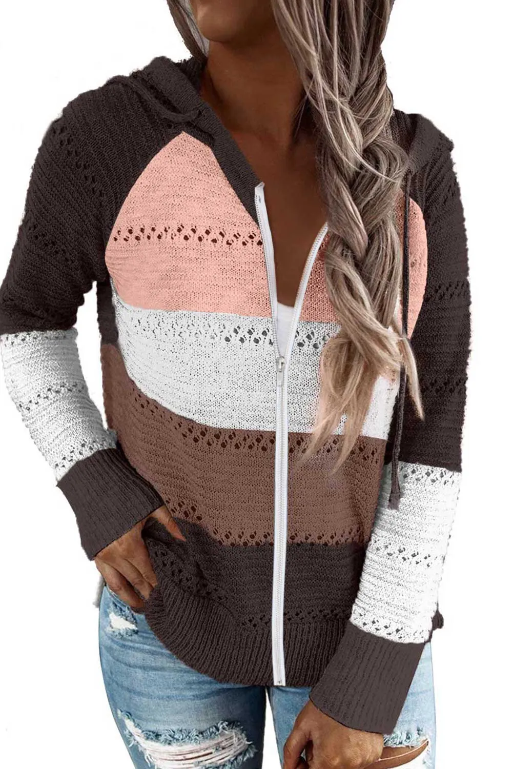 Brown Colorblock Knit Hoodie with Zipper Detail