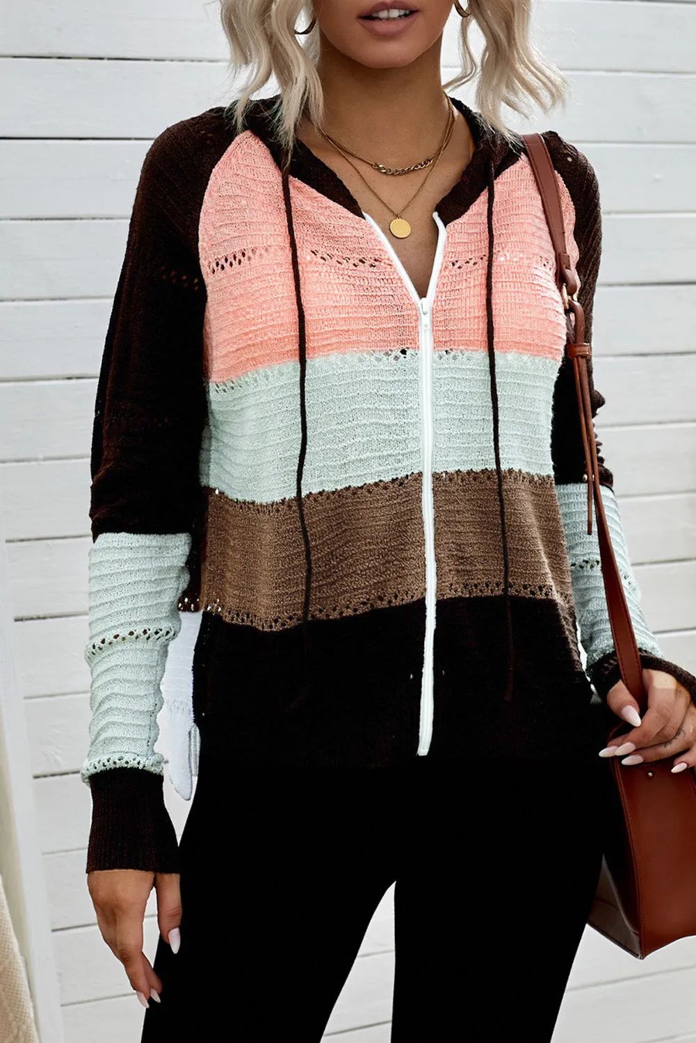 Brown Colorblock Knit Hoodie with Zipper Detail