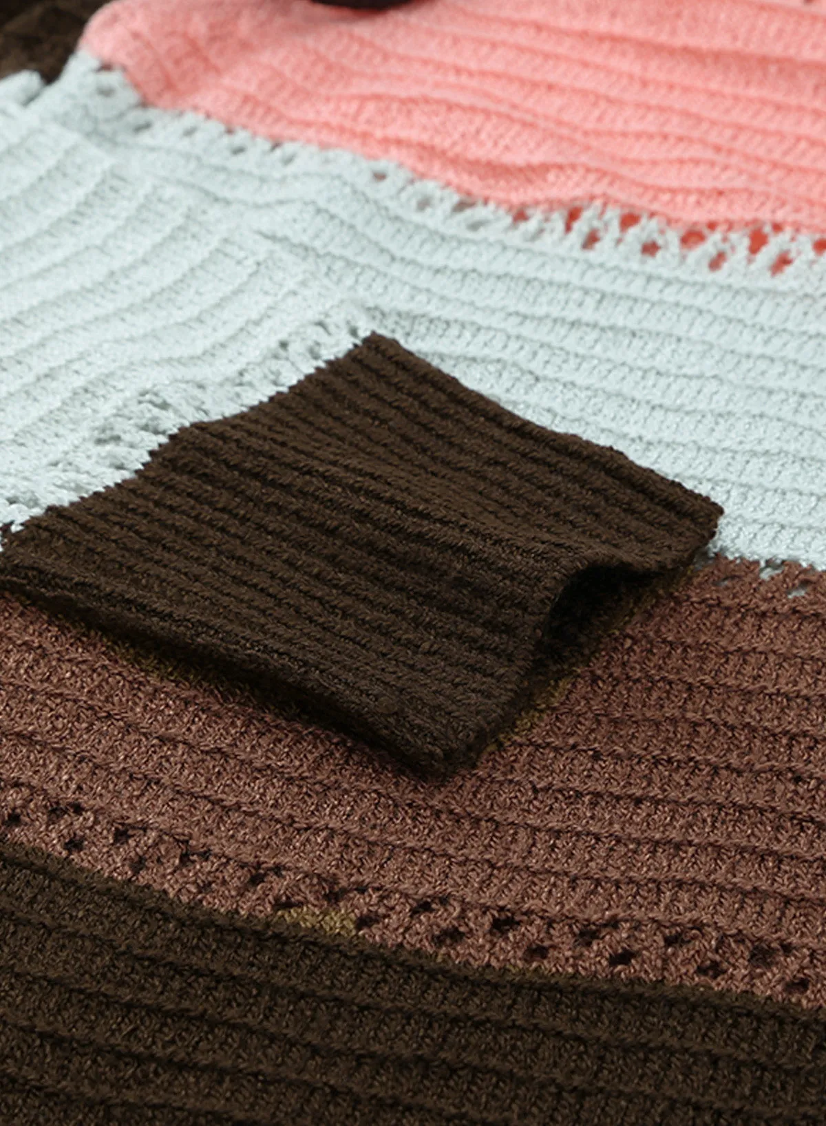 Brown Colorblock Knit Hoodie with Zipper Detail