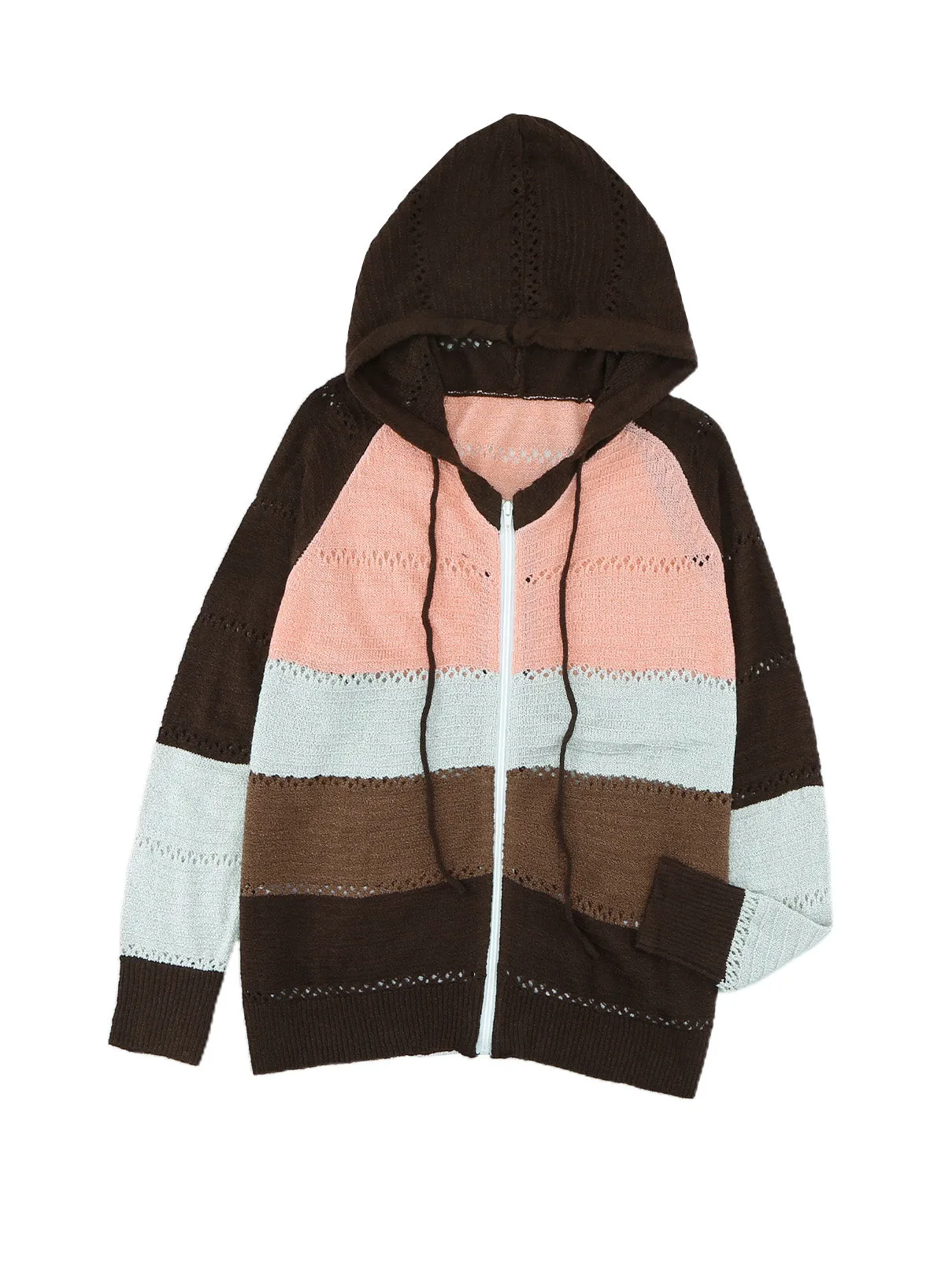 Brown Colorblock Knit Hoodie with Zipper Detail