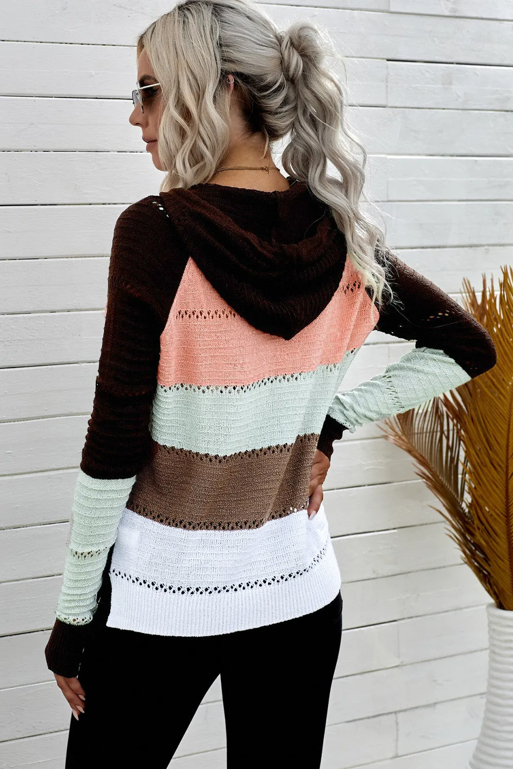 Brown Colorblock Knit Hoodie with Zipper Detail