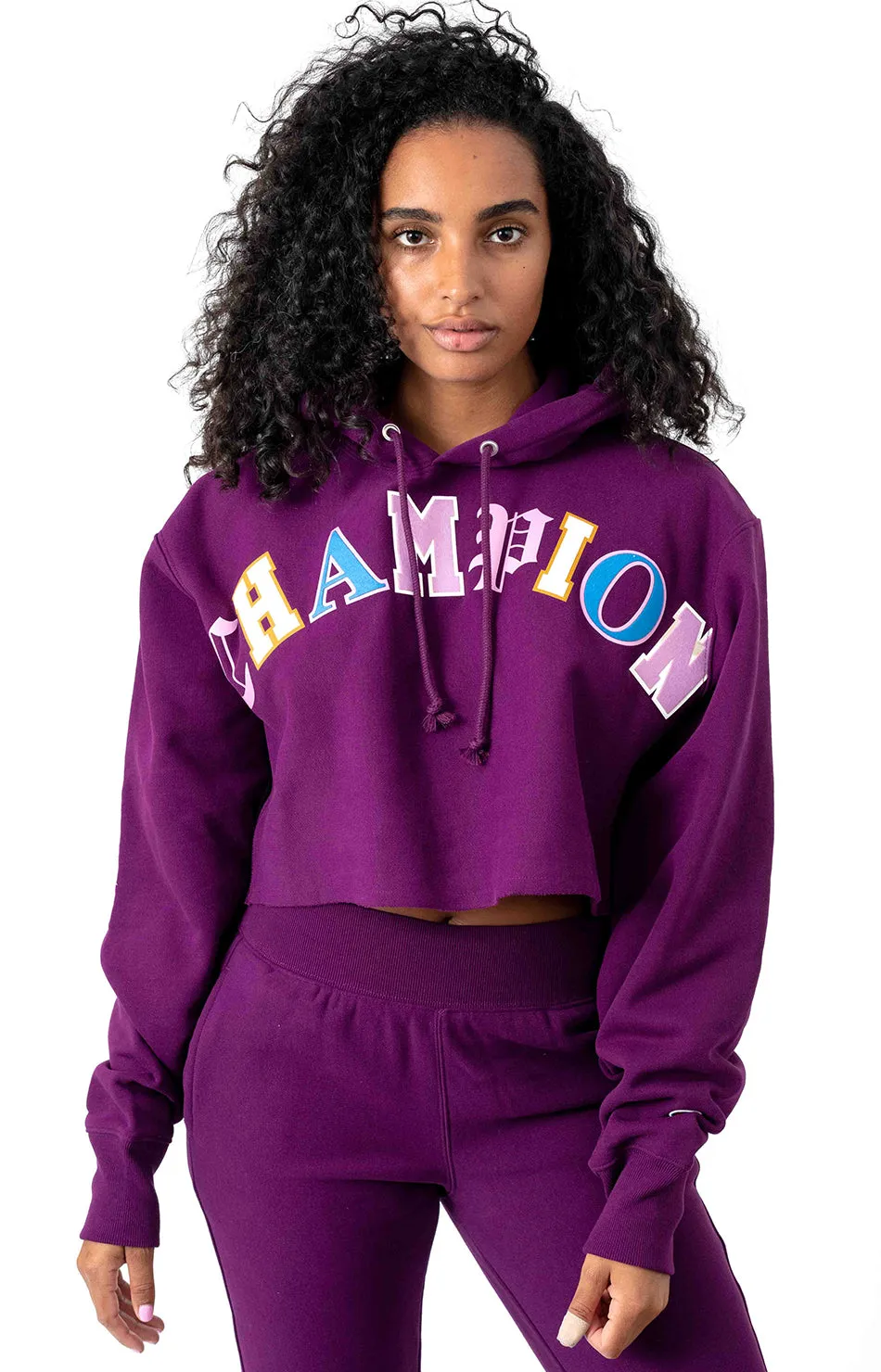 Champion Reverse Weave Cropped Cutoff Hoodie with Old English Lettering - Venetian Purple