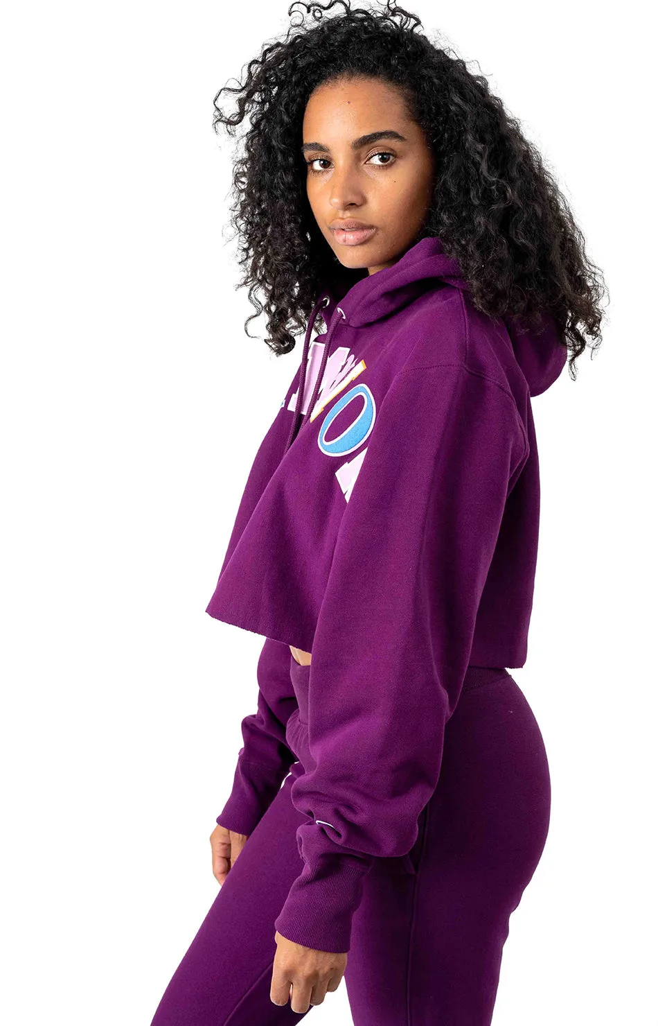 Champion Reverse Weave Cropped Cutoff Hoodie with Old English Lettering - Venetian Purple