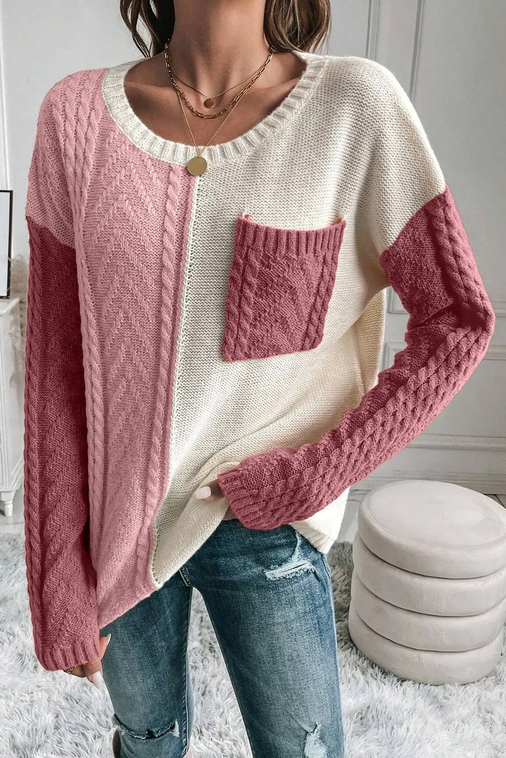 Colorblock Cable Knit Sweater