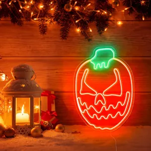 Cute Halloween Pumpkin Neon Sign – Bold Red and Green Glow for Spooky Halloween Decor