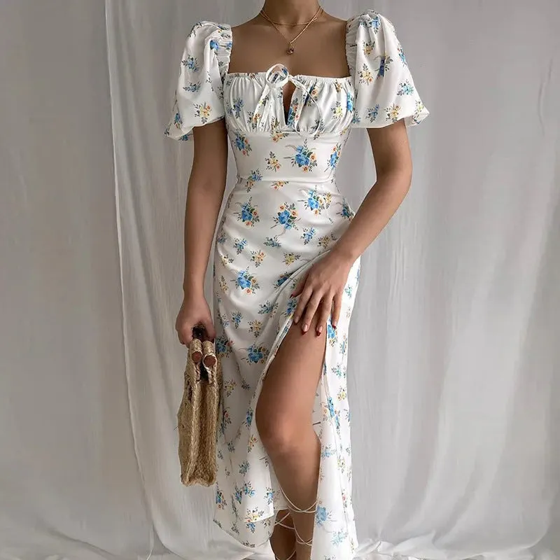 French Floral Backless Midi Dress