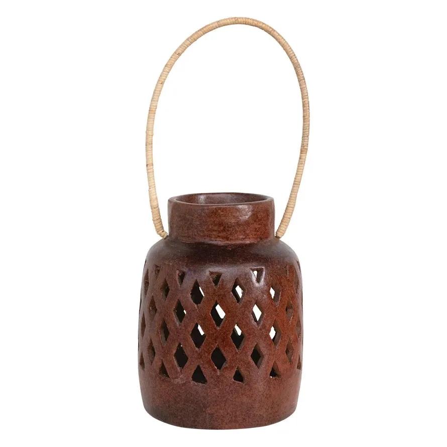 Handmade Terra-cotta Lantern with Cut-Outs and Rattan Wrapped Handle, Reactive Glaze