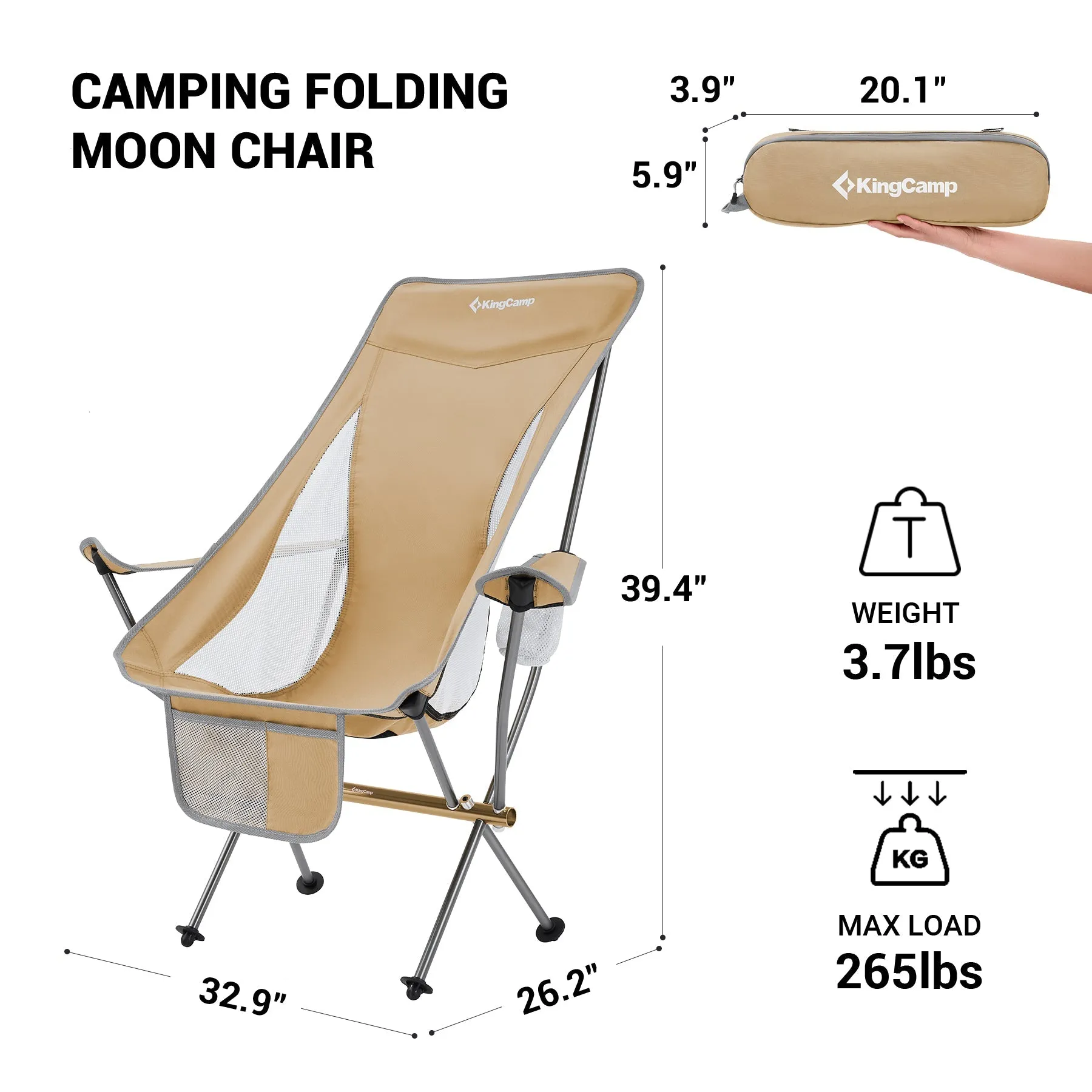 KingCamp Lightweight Highback Camping Chair - Khaki