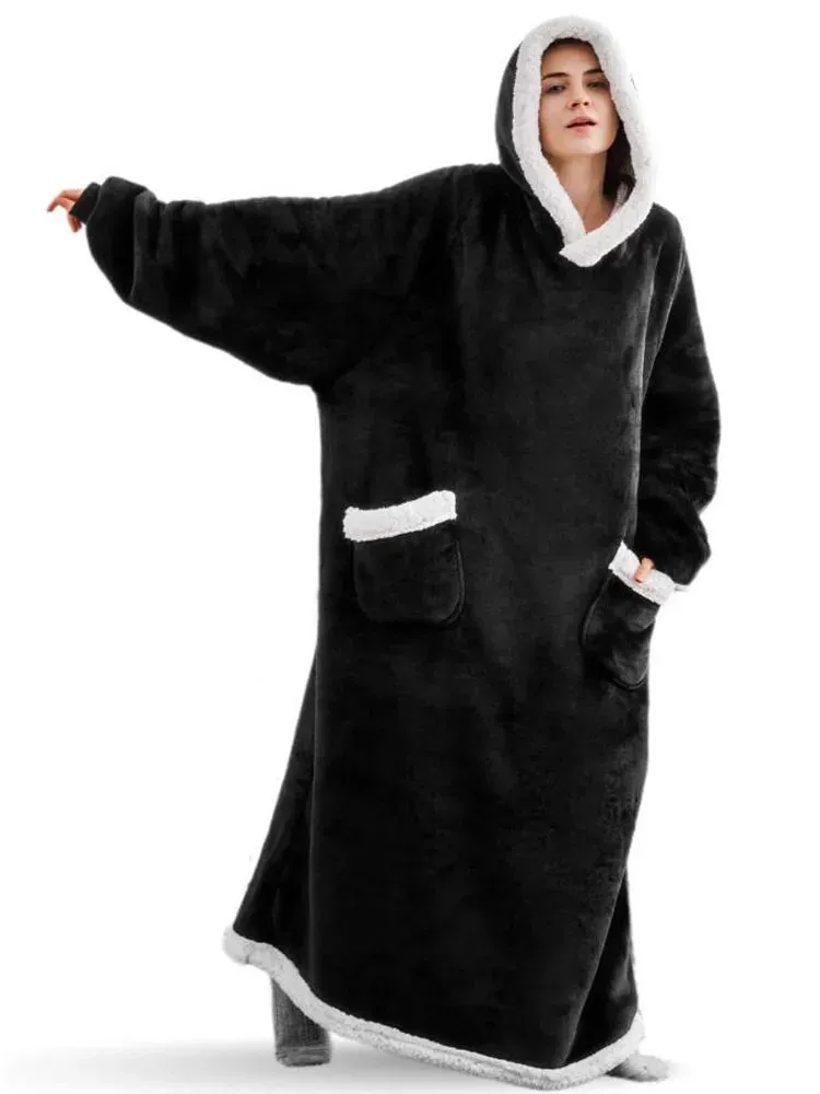 Oversized Cozy Warm Fleece Hoodie Blanket with Long Sleeves and pockets