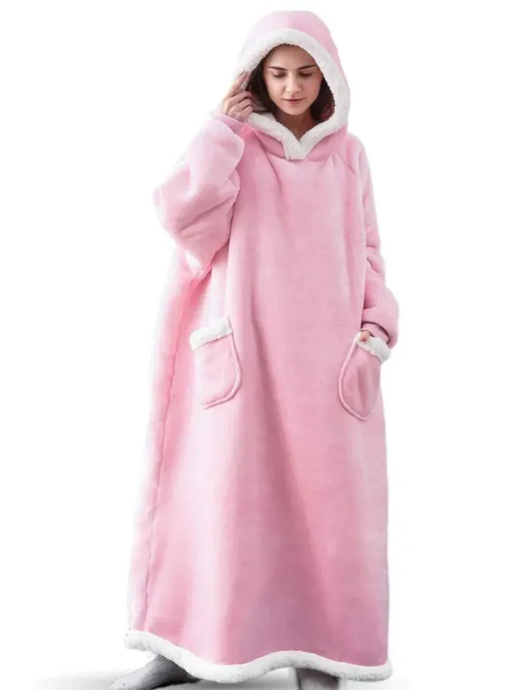 Oversized Cozy Warm Fleece Hoodie Blanket with Long Sleeves and pockets