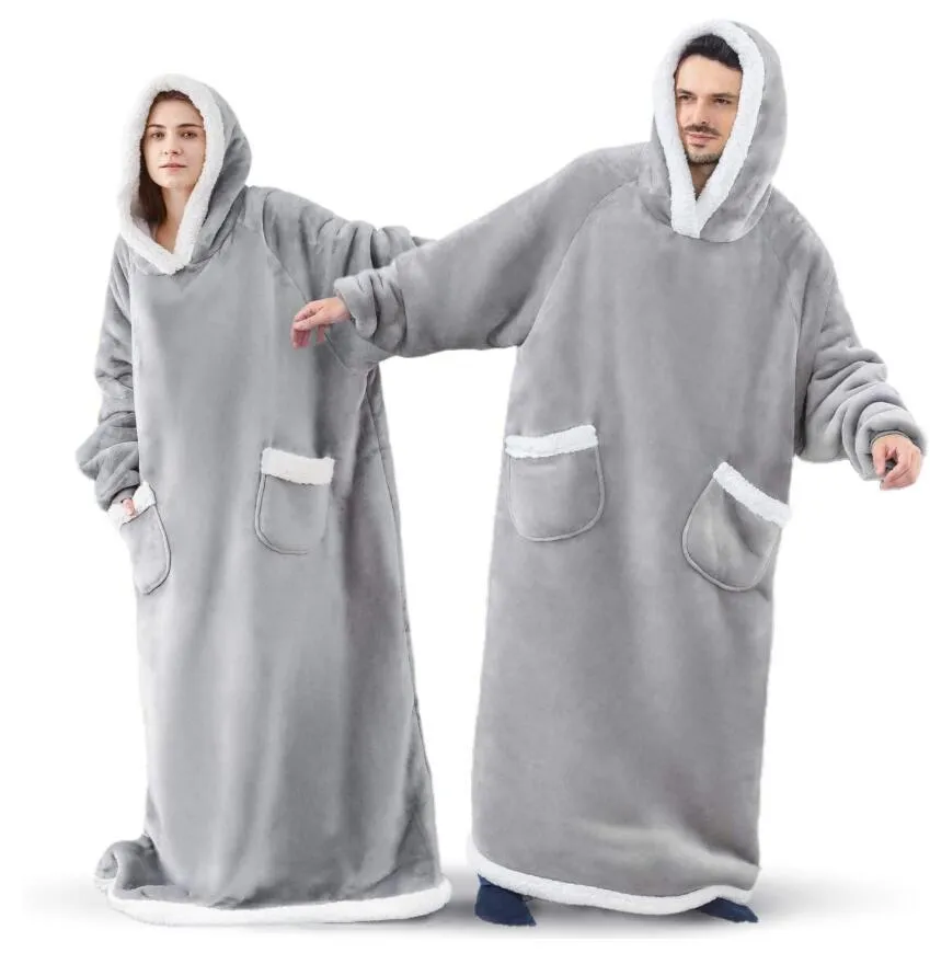 Oversized Cozy Warm Fleece Hoodie Blanket with Long Sleeves and pockets