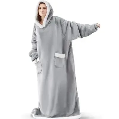 Oversized Cozy Warm Fleece Hoodie Blanket with Long Sleeves and pockets