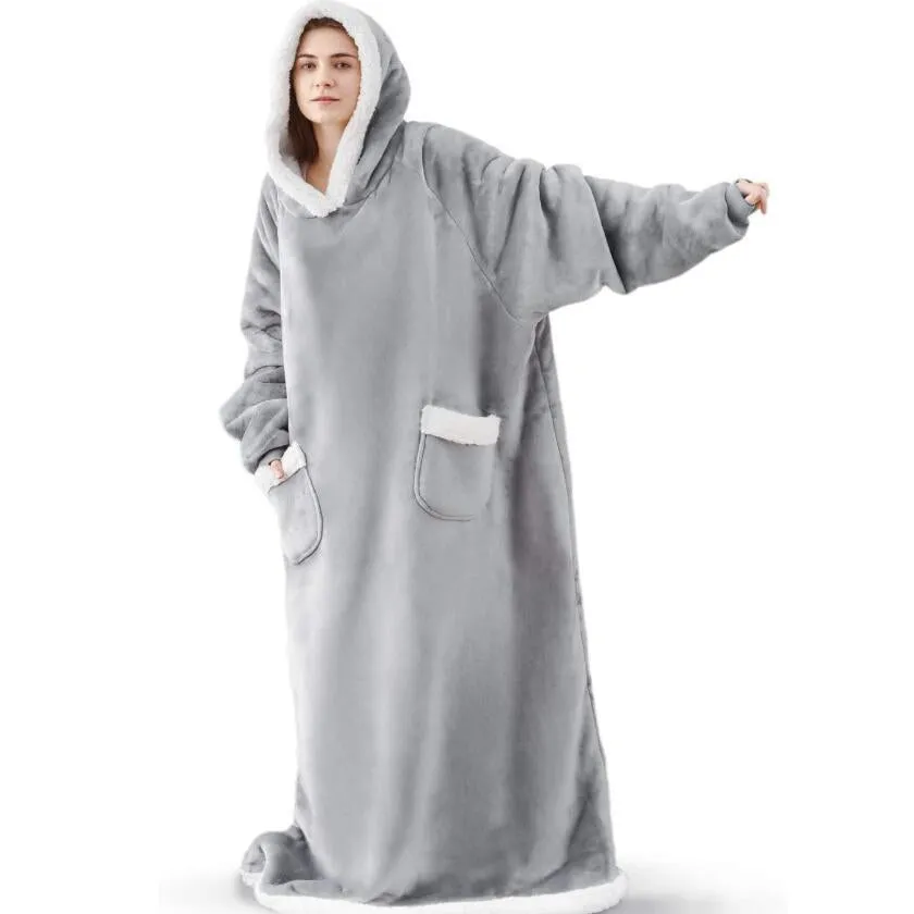 Oversized Cozy Warm Fleece Hoodie Blanket with Long Sleeves and pockets