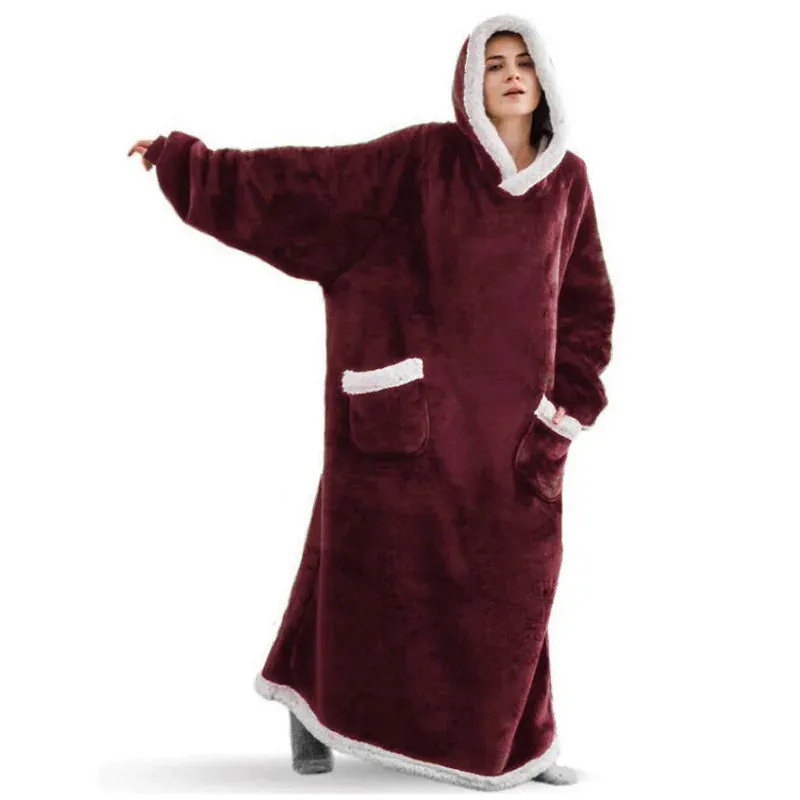 Oversized Cozy Warm Fleece Hoodie Blanket with Long Sleeves and pockets