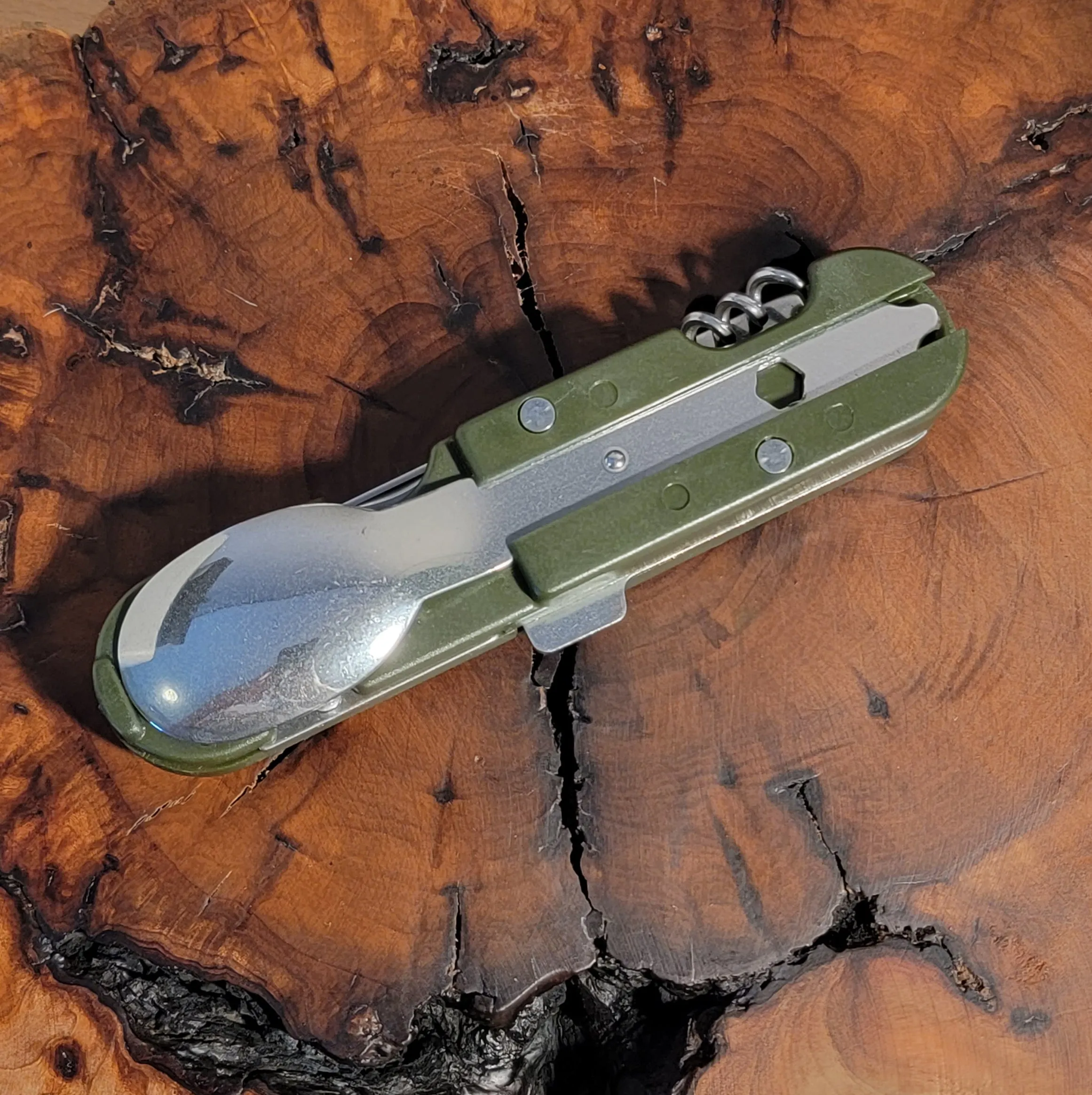 Personalized Camping or Picnic Fork, Spoon, and Knife Folding Utensil Multi-Tool Green