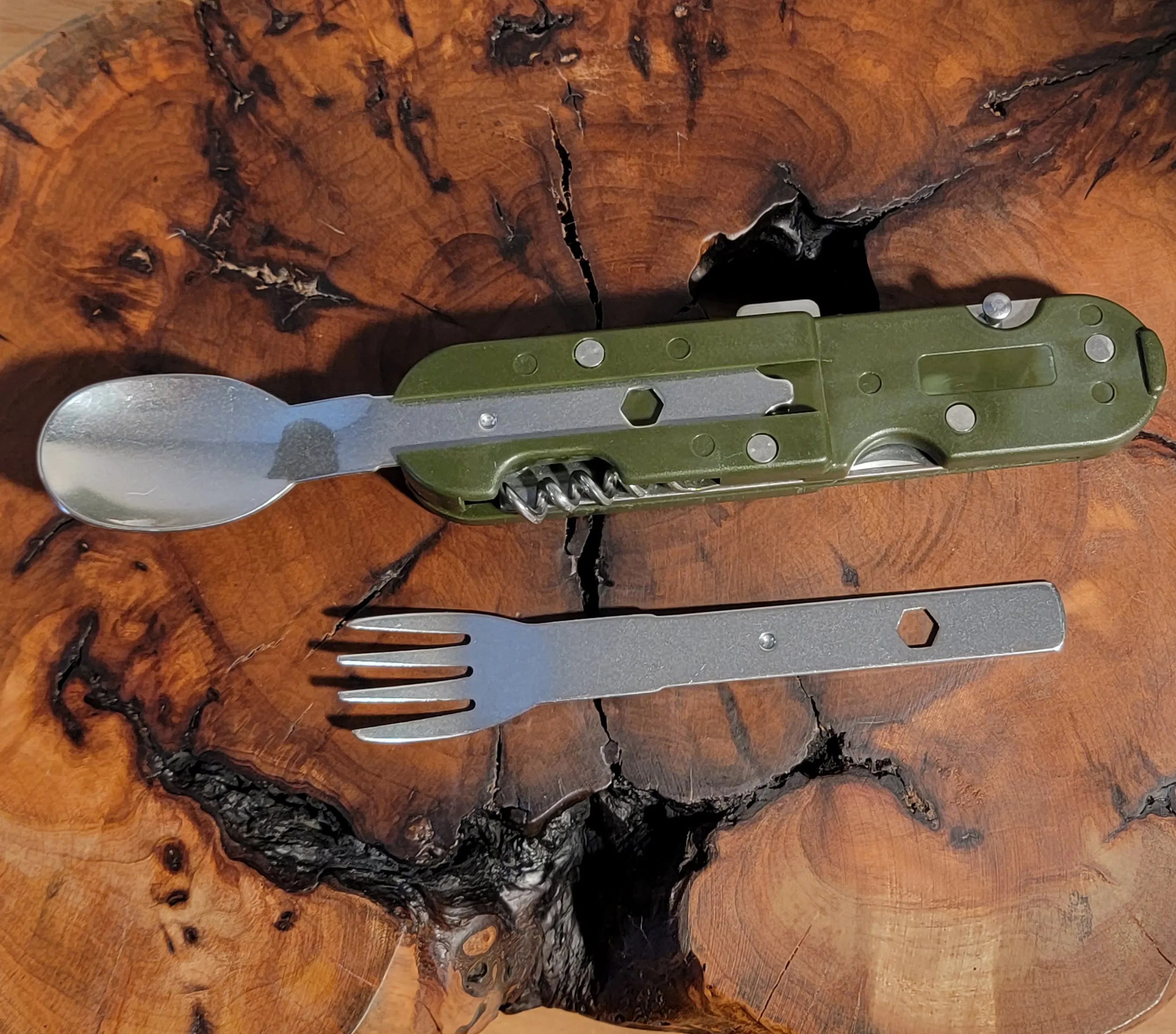 Personalized Camping or Picnic Fork, Spoon, and Knife Folding Utensil Multi-Tool Green