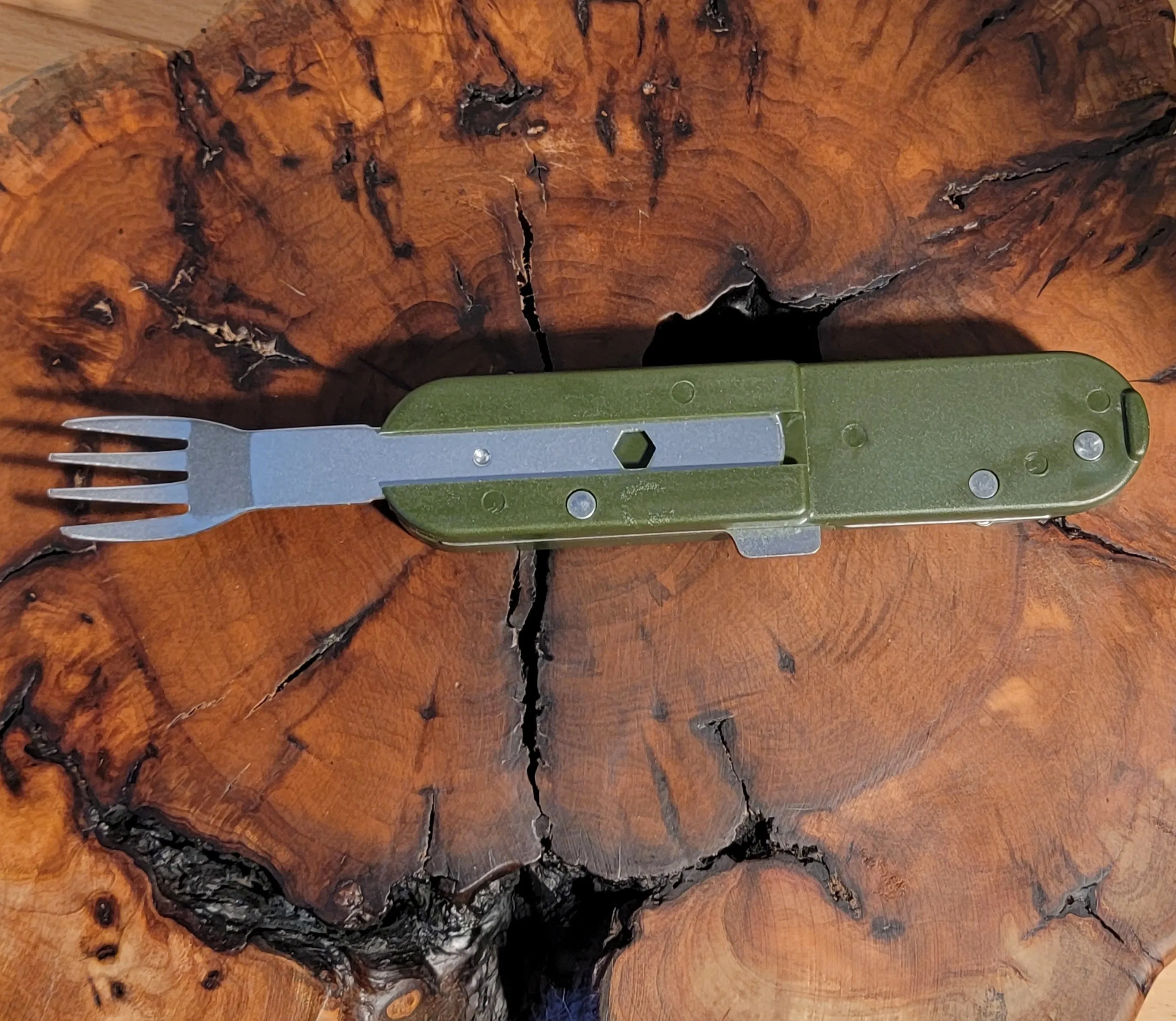 Personalized Camping or Picnic Fork, Spoon, and Knife Folding Utensil Multi-Tool Green