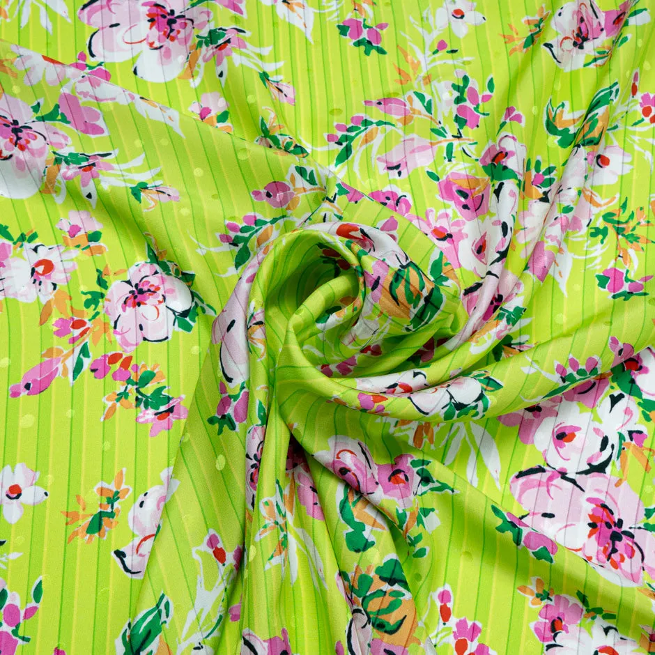 Pink Floral Printed Green Striped Pure Silk Jacquard