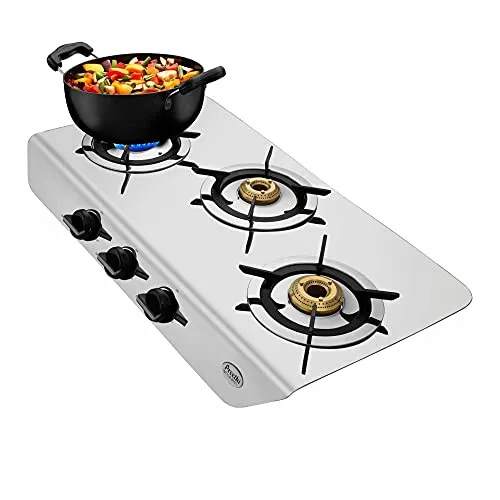 Preethi Stylo steel slim stainless steel 3 burner gas stove, Manual Ignition