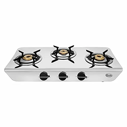 Preethi Stylo steel slim stainless steel 3 burner gas stove, Manual Ignition