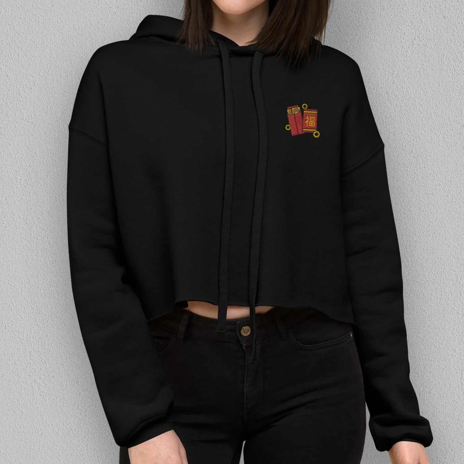 Red Envelope Embroidered Crop Hoodie