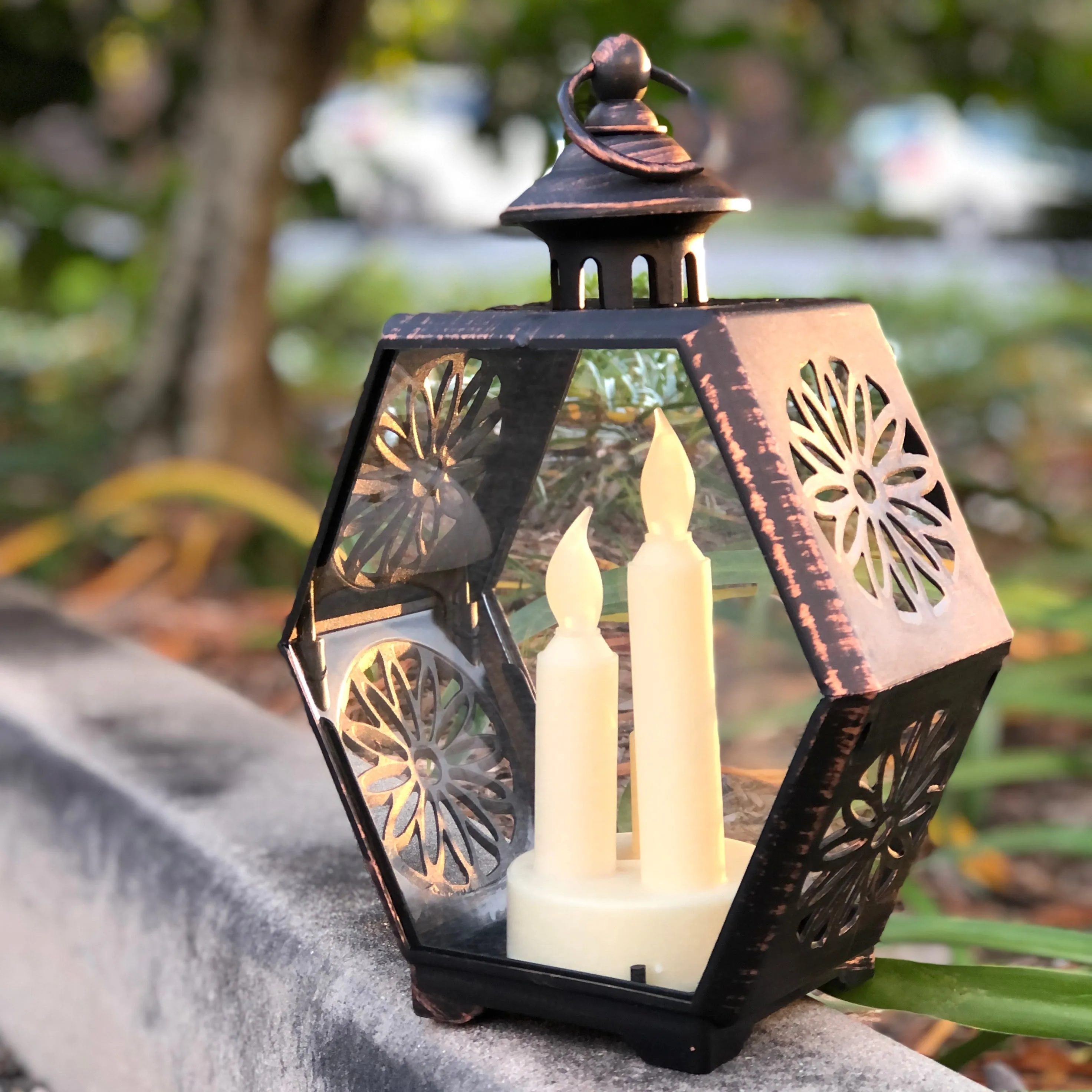 SALE - 6 sided black/copper lantern with LED candles (9.5 x 17.5 x 26cm)