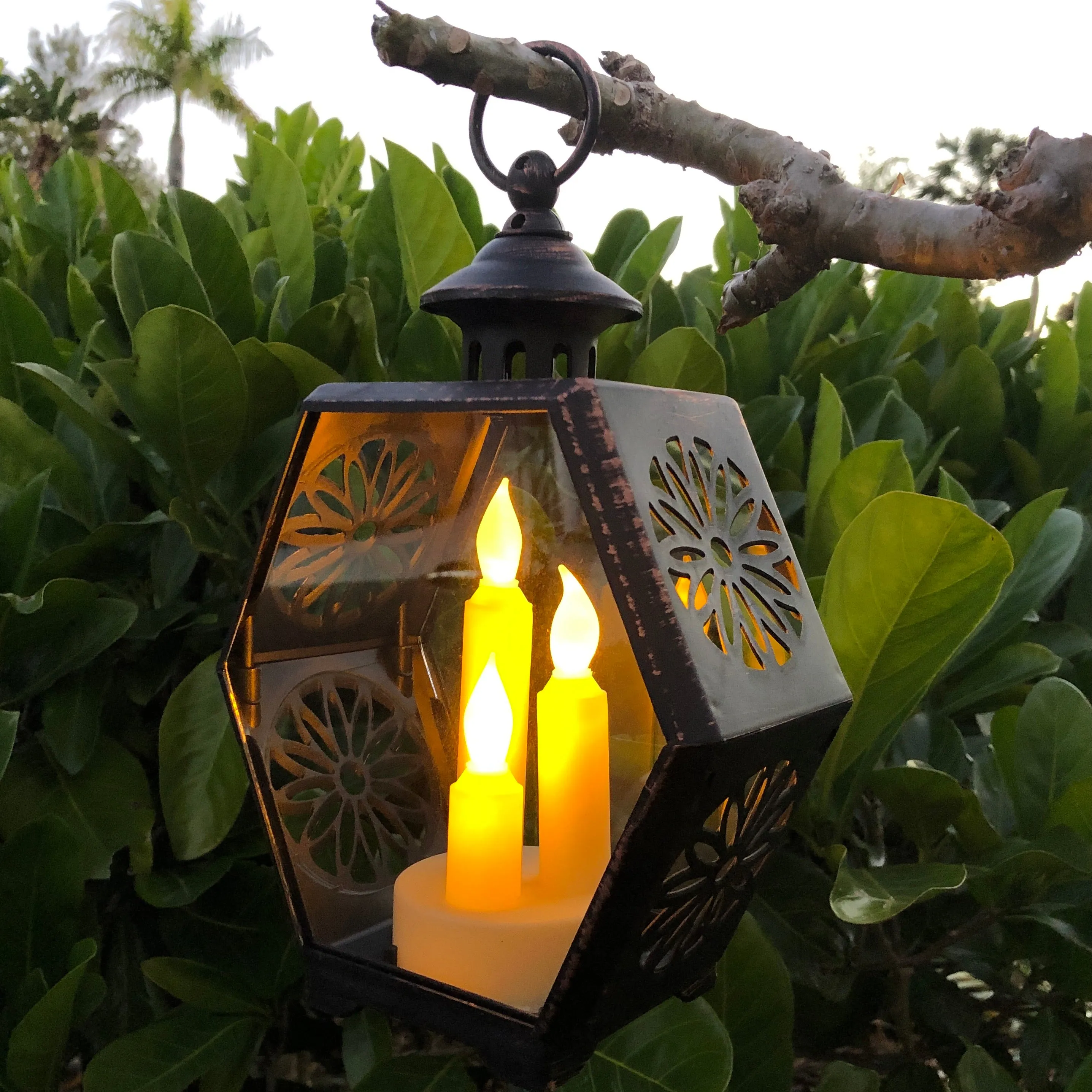 SALE - 6 sided black/copper lantern with LED candles (9.5 x 17.5 x 26cm)