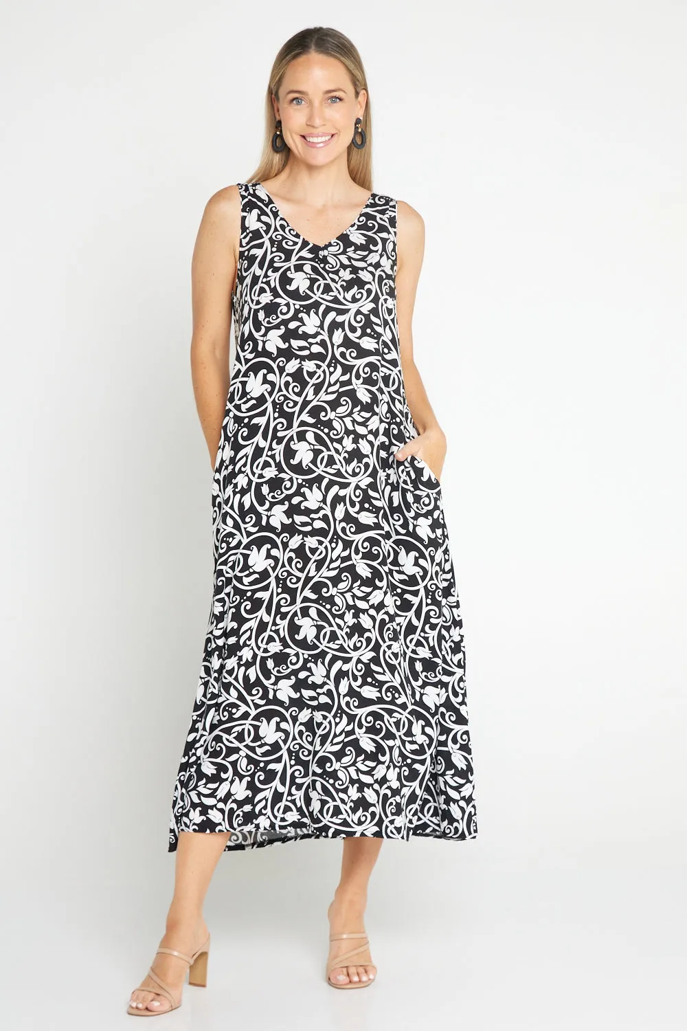 Sienna Sleeveless Midi Dress - Black Floral Flourish