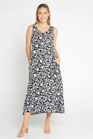 Sienna Sleeveless Midi Dress - Black Floral Flourish